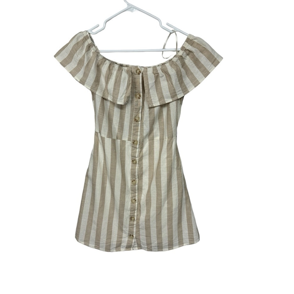 Altar'd State Off Shoulder Mini Dress Tan White Stripe Small